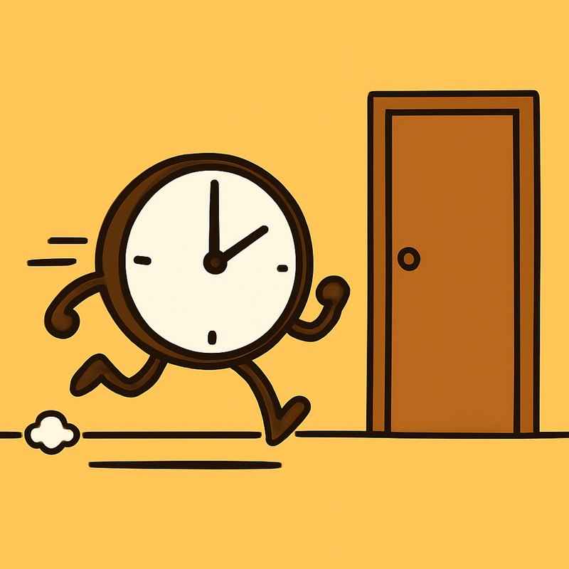 A round cartoon wall clock with stick-arm hands and stubby legs, running at full speed toward a closed door, motion lines trailing behind it